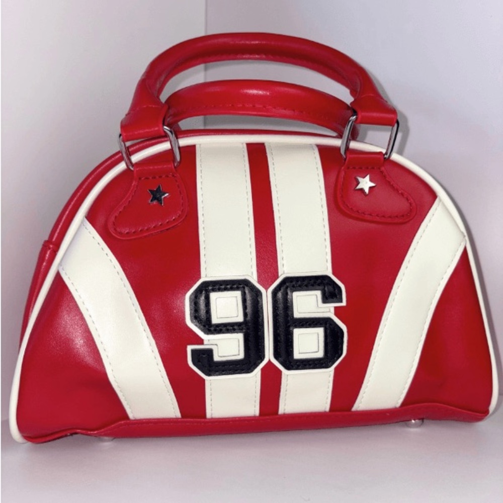 Red and White Striped Dome Satchel Bag w. '96' Patch - Picture 8 of 11